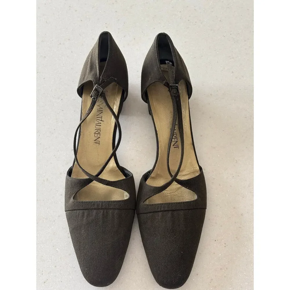 Vintage Yves Saint Laurent YSL Italy Canvas Peep Toe Slingback Heels Brown - Picture 5 of 9